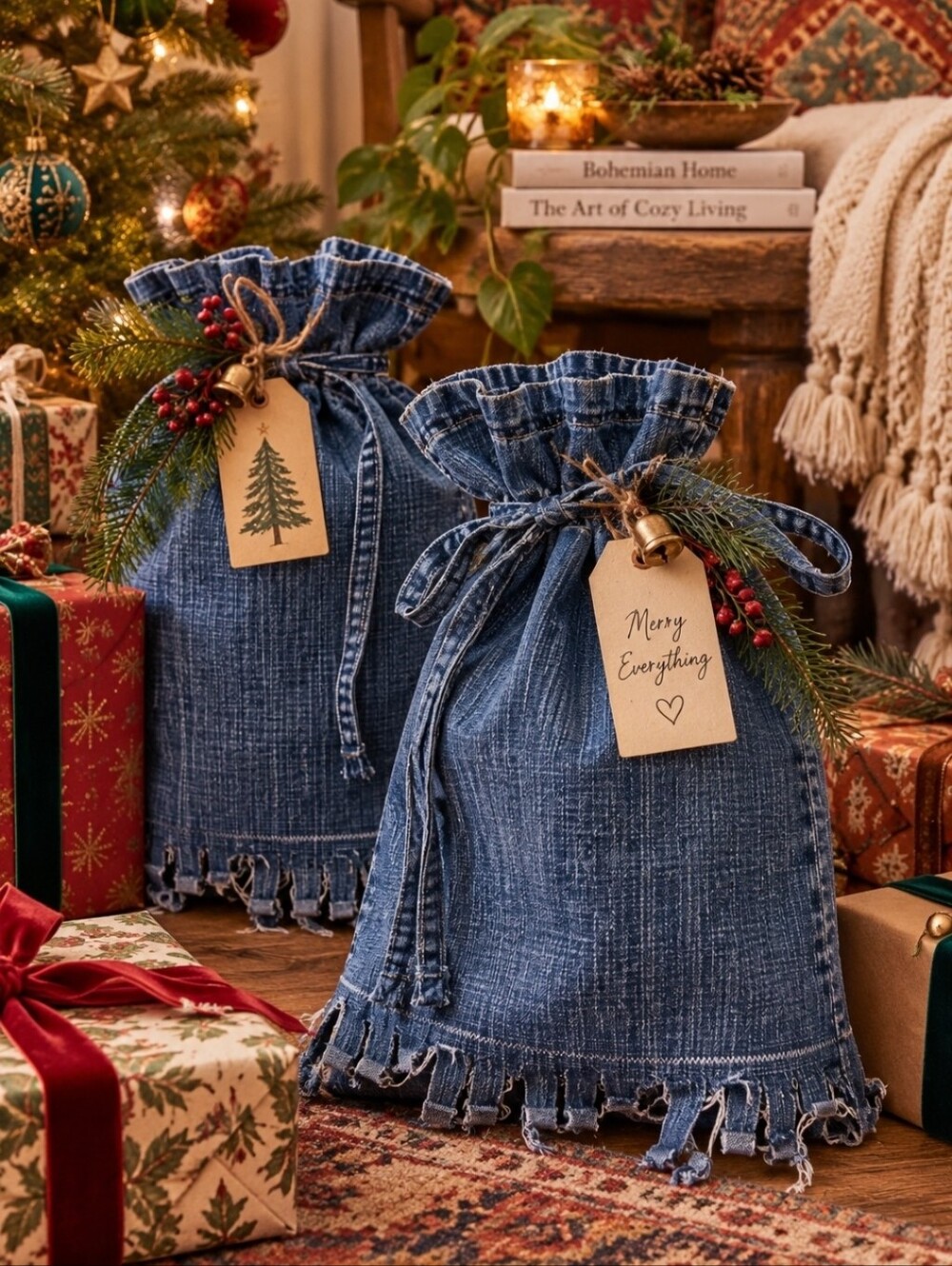 4/$15 Handmade Reworked Denim Gift Bags | Upcycled Blue Jean Fringe Drawstring